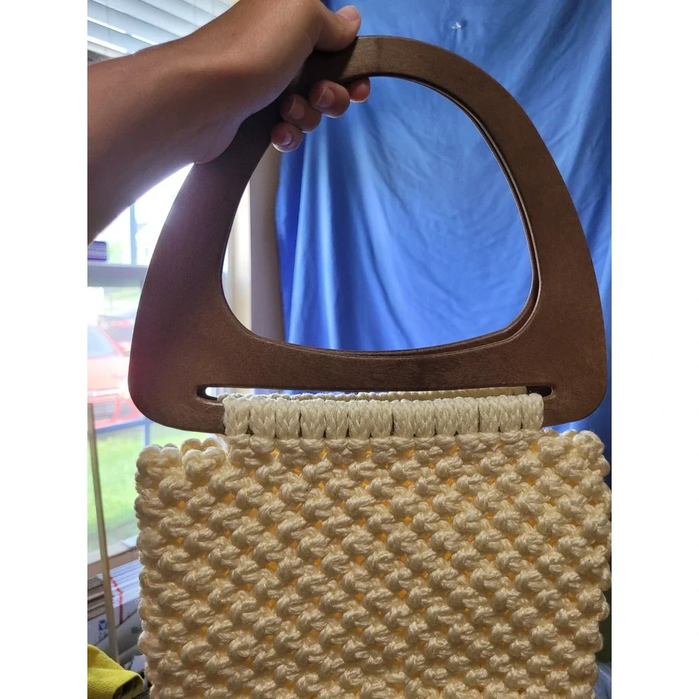 70's Vintage Boho Hippie‎ Festival Macrame Wooden Double Handle Handbag Handmade